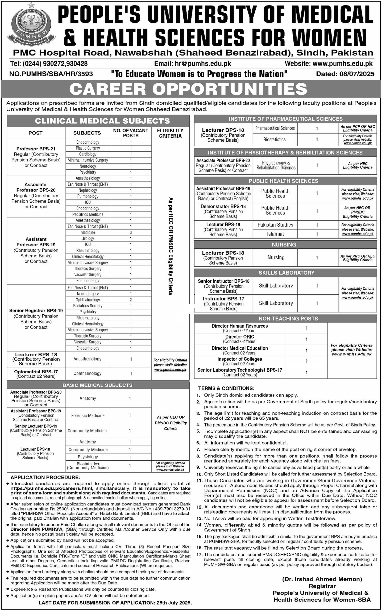 Peoples University Of Medical And Health Jobs 2025 – Peoples University of Medical & Health Sciences for Women Shaheed Benazirabad Jobs 2025 — original advertisement