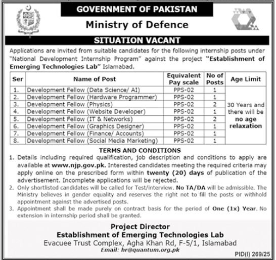Ministry Of Defence Islamabad Jobs 2025 – Ministry of Defence Pakistan Jobs 2025 — original advertisement