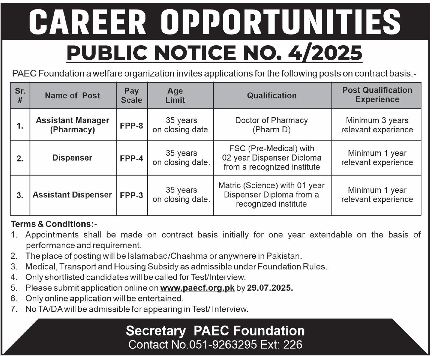 Paec Foundation Islamabad Jobs 2025 – Public Sector Organization Jobs 2025 — original advertisement