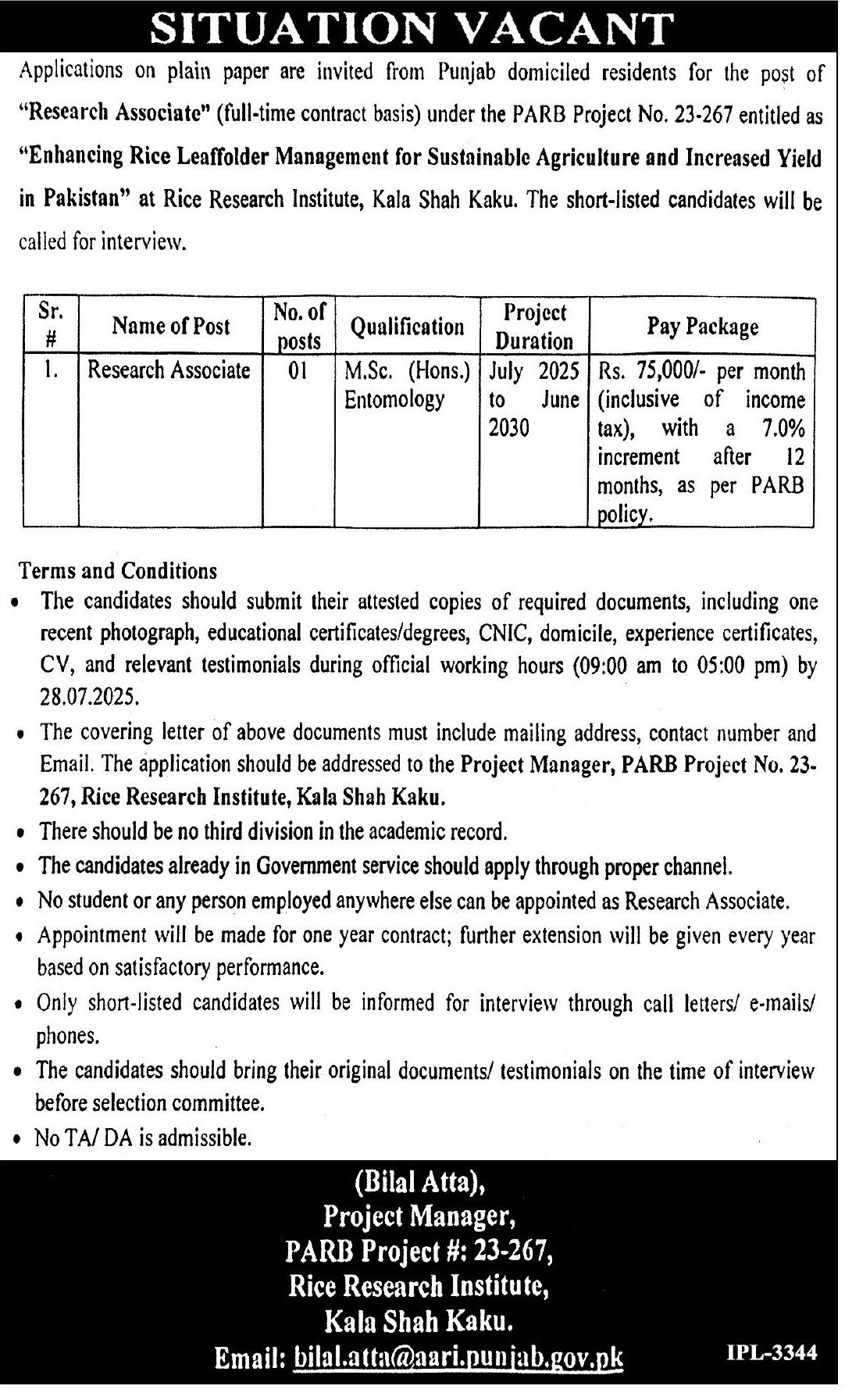 Rice Research Institute Lahore Jobs 2025 – Rice Research Institute Kala Shah Kaku Jobs 2025 — original advertisement