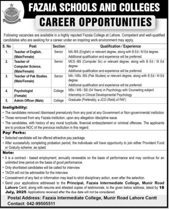Fazaia College Lahore Punjab Jobs 2025 – Fazaia Schools & Colleges Jobs 2025 — original advertisement