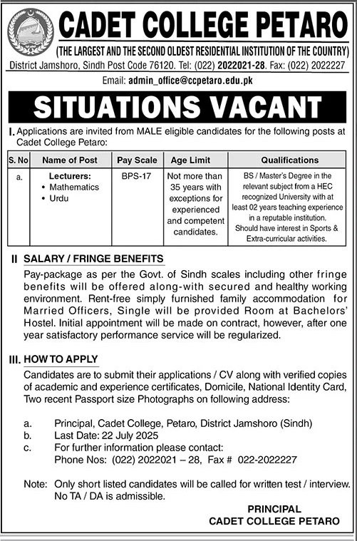Cadet College Petaro Jamshoro Jobs 2025 Jobs 2025 — original advertisement