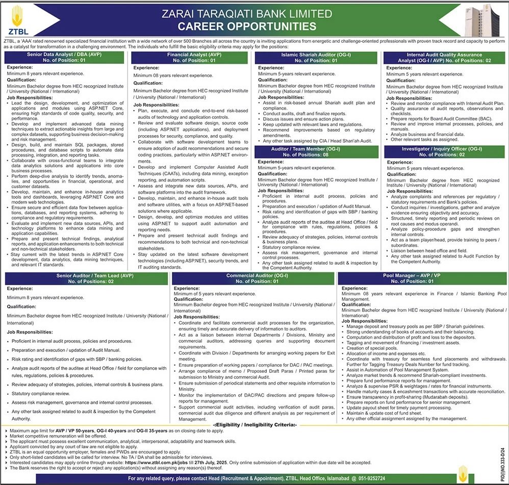 Zarai Taraqiati Bank Limited ZTBL Islamabad Jobs 2025 Jobs 2025 — original advertisement
