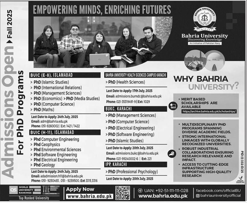 Admission Open in Bahria University 2025 Admissions 2025 — original advertisement