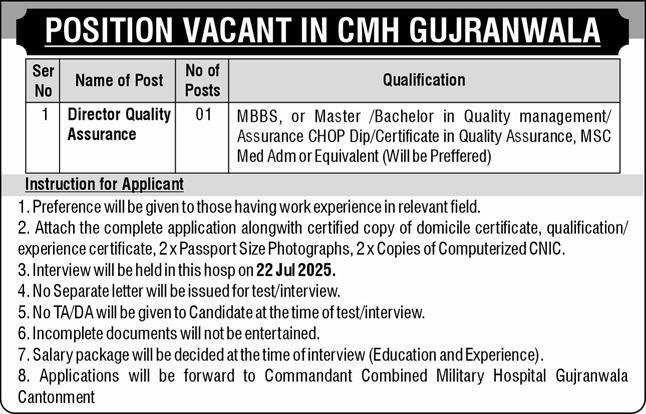 Cmh Gujranwala Punjab Jobs 2025 – Combined Military Hospital CMH Jobs 2025 — original advertisement