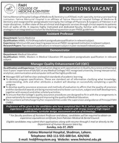 Fmh College of Medicine & Dentistry Lahore Jobs 2025 – FMH college of medicine n dentistry lahore Jobs 2025 — original advertisement