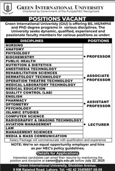 Green International University Lahore Jobs 2025 Jobs 2025 — original advertisement