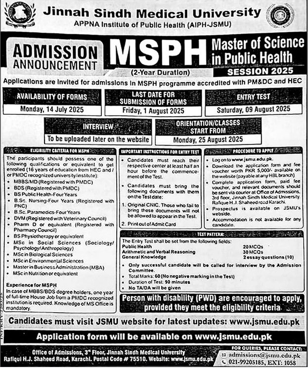 Admission Open in Jinnah Sindh Medical University 2025 – Jinnah Sindh Medical University Karachi Admissions 2025 — original advertisement
