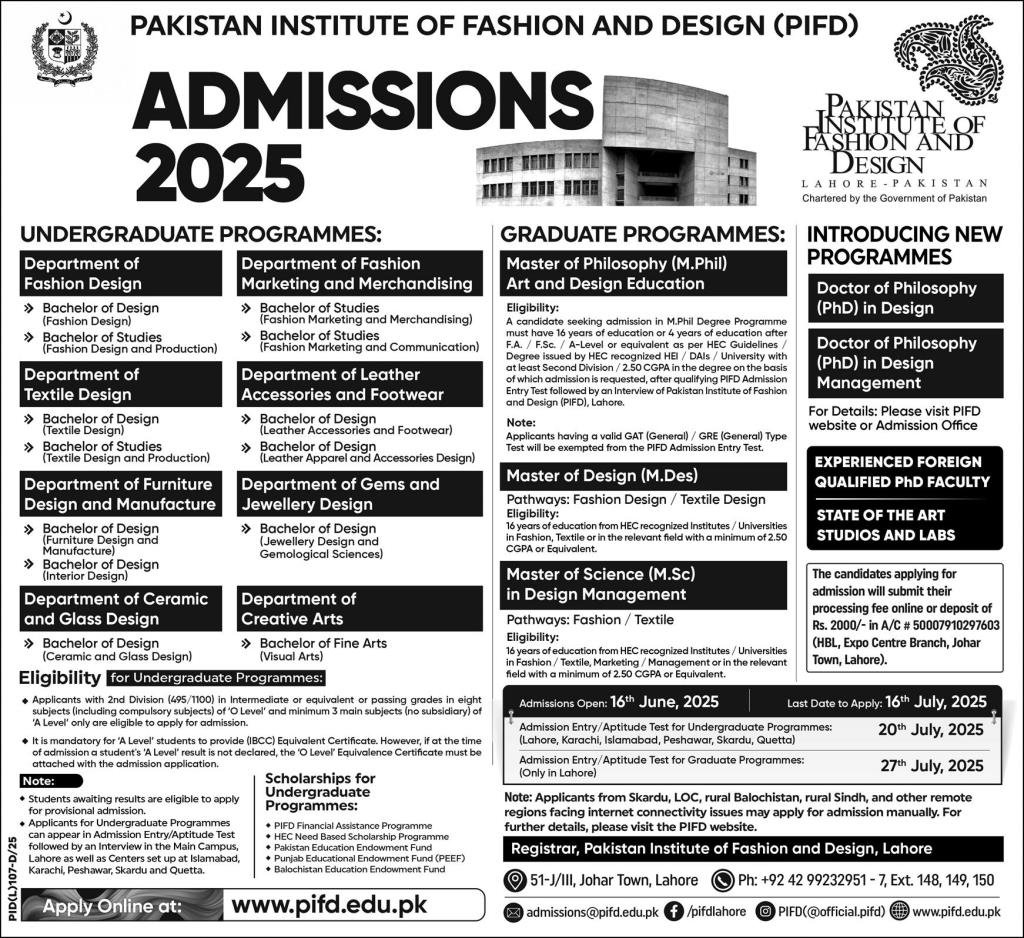 Admission Open in Pakistan Institute of Fashion & Design – Pakistan Institute of Fashion and Design PIFD Lahore Admissions 2025 — original advertisement
