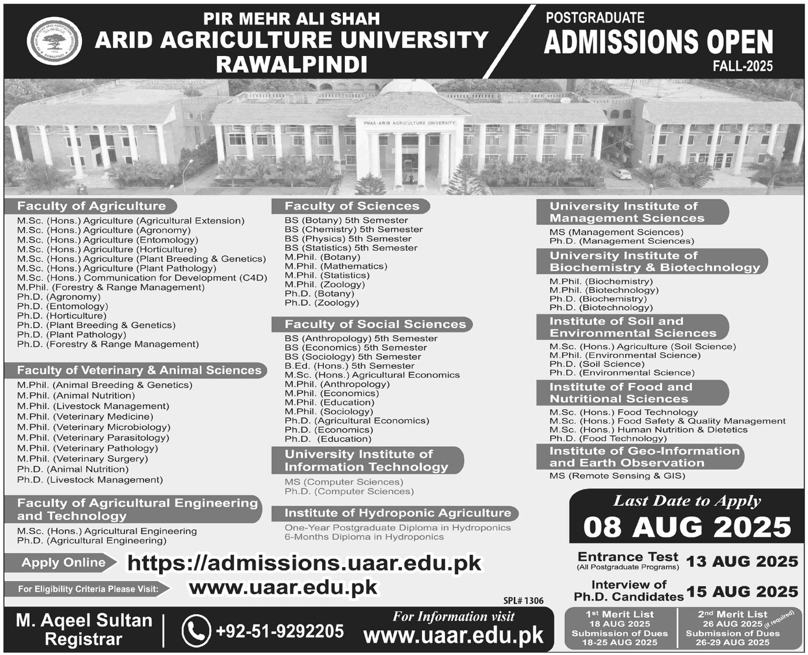 Admission Open in Pir Mehr Ali Shah Arid Agriculture 2025 – Pir Mehr Ali Shah Arid Agriculture University Rawalpinid Admissions 2025 — original advertisement