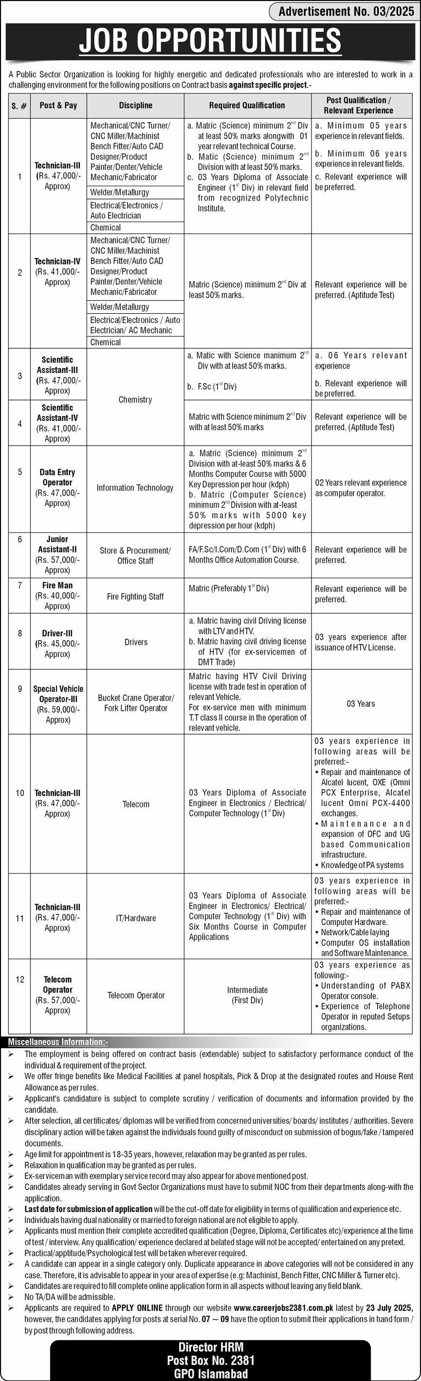 Public Sector Organization Islamabad Jobs 2025 Jobs 2025 — original advertisement