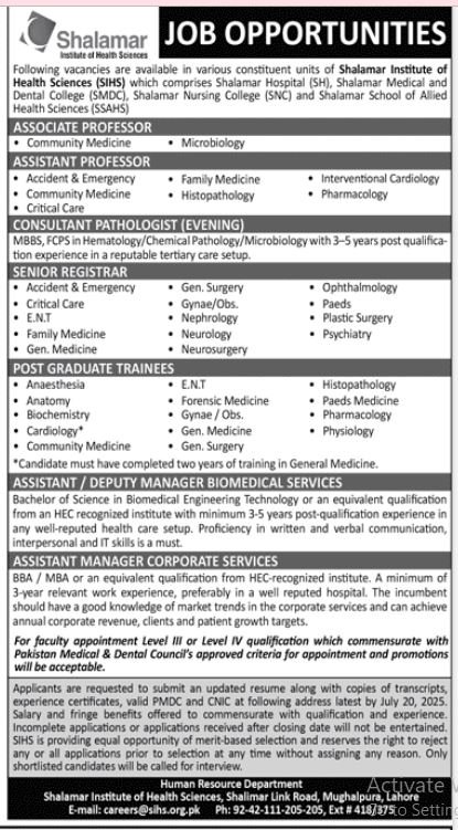 Shalamar institute of Health Science Lahore Jobs 2025 – Shalamar institute of health sciences Jobs 2025 — original advertisement