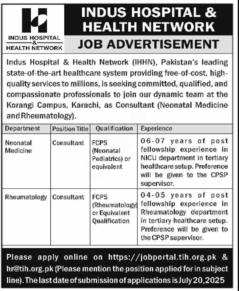 Indus Hospital & Health Network Karachi Jobs 2025 Jobs 2025 — original advertisement