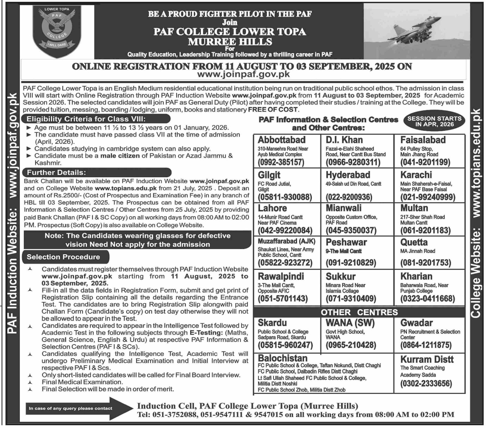 PAF College Lower Topa 8th Class Admissions 2025 – Pakistan Air Force Admissions 2025 — original advertisement