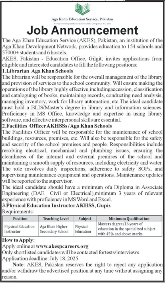 Aga Khan Education Service Pakistan Gilgit Jobs 2025 Jobs 2025 — original advertisement