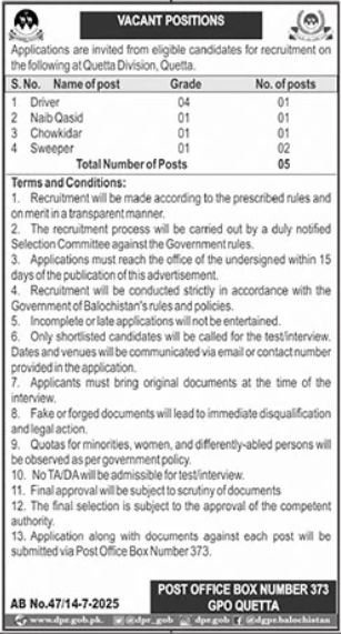 P.O Box No 373 GPO Quetta Jobs 2025 – Public Sector Organization Jobs 2025 — original advertisement