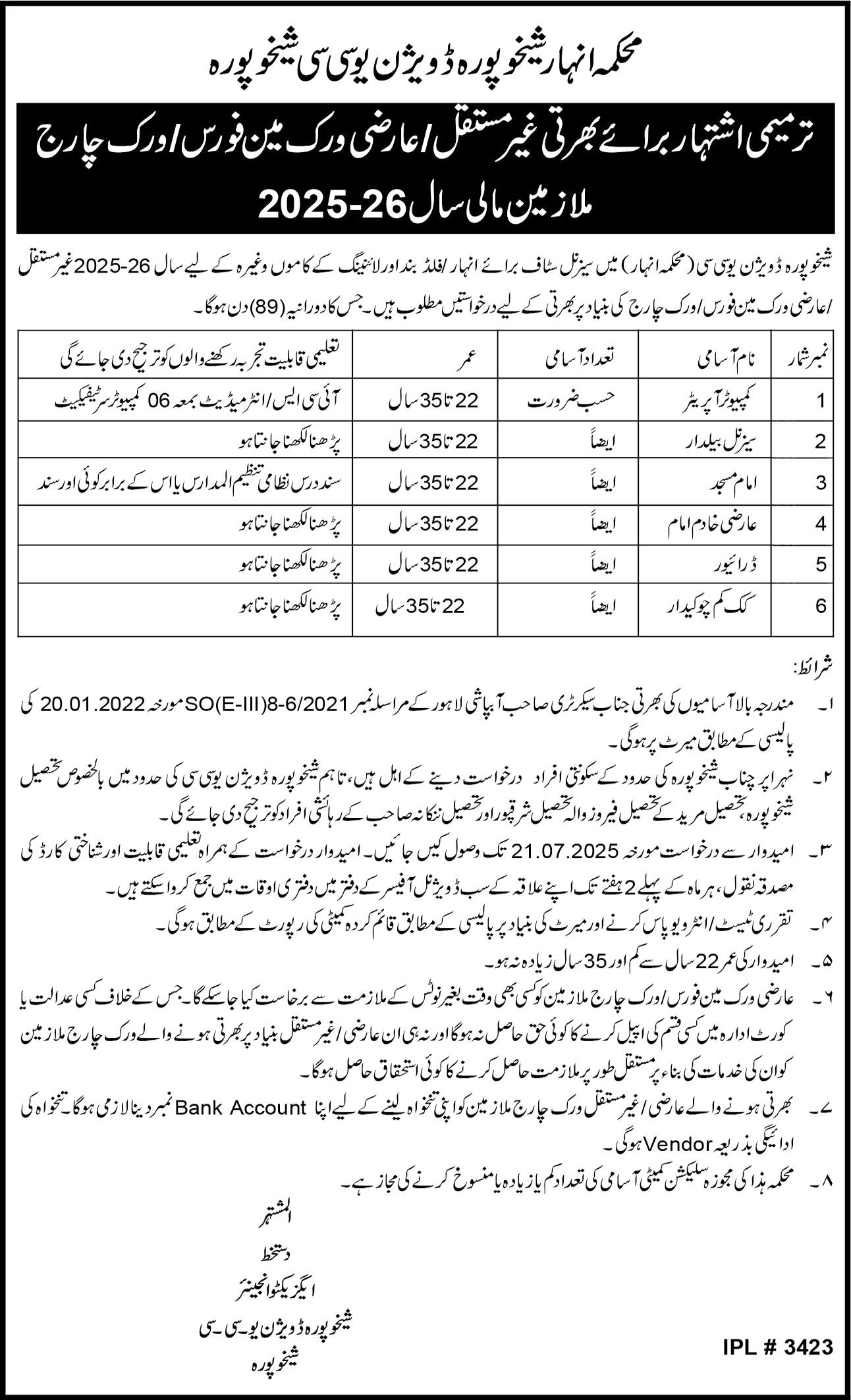 Sheikhupura Division UCC Irrigation Department Jobs 2025 – Irrigation Department Punjab Jobs 2025 — original advertisement