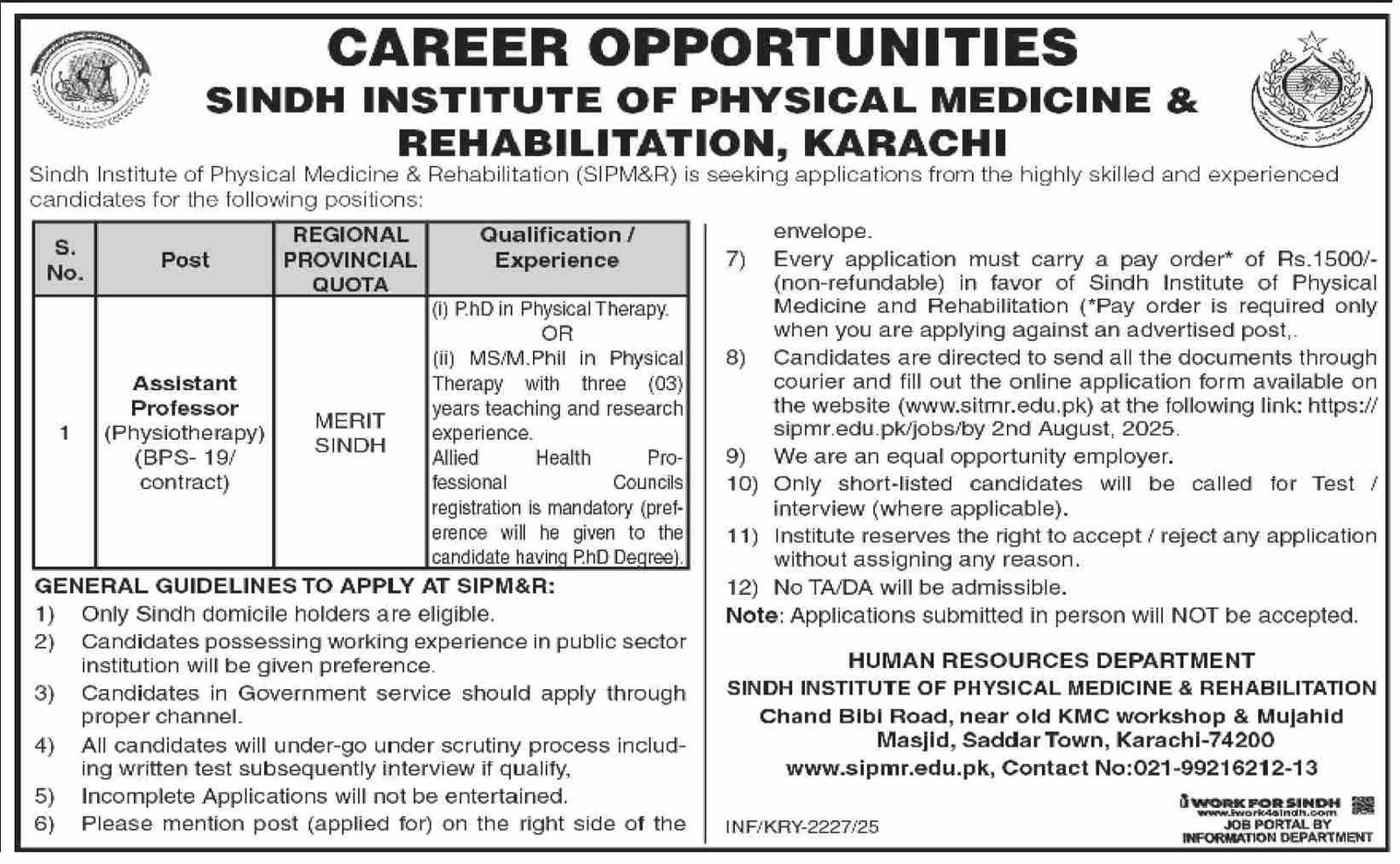 Sindh Institute Of Physical Medicine & Rehabilitation Job – Sindh Institute of Physical Medicine and Rehabilitation Jobs 2025 — original advertisement