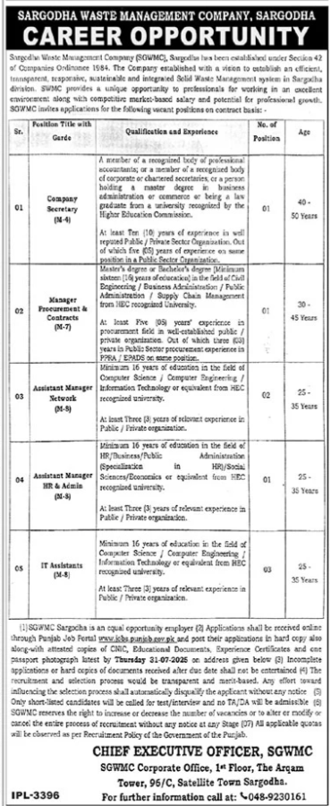 Sargodha Waste Management Company SWMC Jobs 2025 – Private Company Jobs 2025 — original advertisement