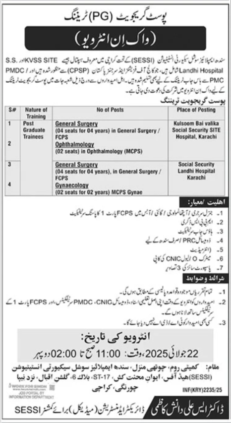 Sindh Employees Social Security Institution Karachi Job 2025 – Sindh Employees Social Security Institution SESSI Karachi Jobs 2025 — original advertisement
