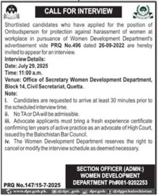 Women Development Department Quetta Job 2025 – Women Development Department Balochistan Jobs 2025 — original advertisement