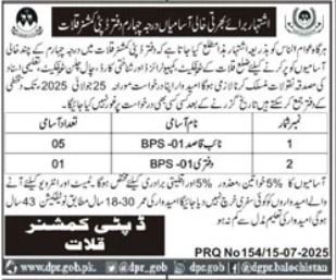 Deputy Commissioner Office Kalat Jobs 2025 – Revenue Department Balochistan Jobs 2025 — original advertisement