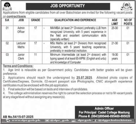 Cadet College Mastung CCM Jobs 2025 – Cadet College Mastung Balochistan Jobs 2025 — original advertisement