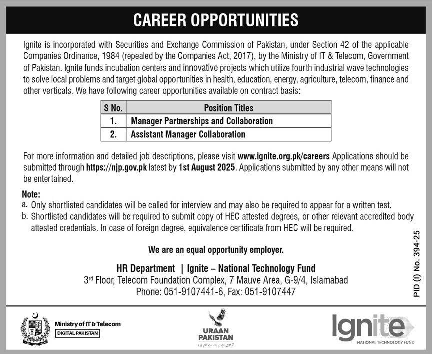 Ignite National Technology Fund Islamabad Jobs 2025 – Ministry of Information Technology and Telecommunication Jobs 2025 — original advertisement