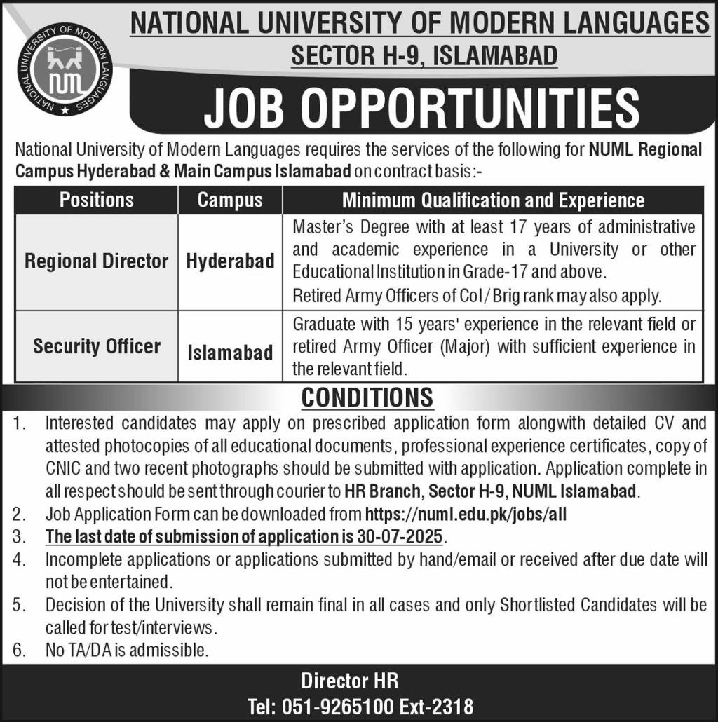 NUML University Islamabad Jobs 2025 For Regional Director – National University of Modern Languages Islamabad Jobs 2025 — original advertisement