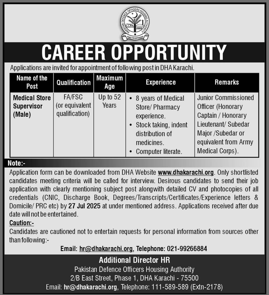 DHA Karachi Jobs 2025 For Medical Store Supervisor – Defence Housing Authority Jobs 2025 — original advertisement