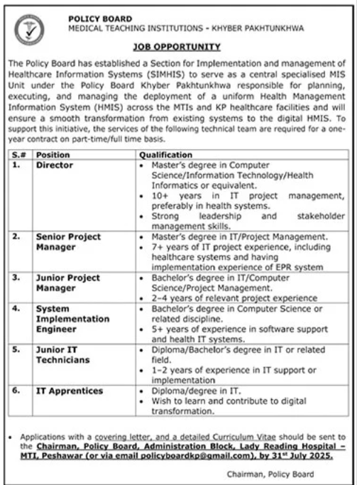 Policy Board Medical Teaching Institutions MTI Jobs 2025 – Medical Teaching Institute MTI Khyber Teaching Hospital Peshawar Kpk Jobs 2025 — original advertisement