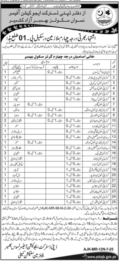 District Education Officer Bhimber Jobs 2025 – Elementary & Secondary Education AJK Jobs 2025 — original advertisement