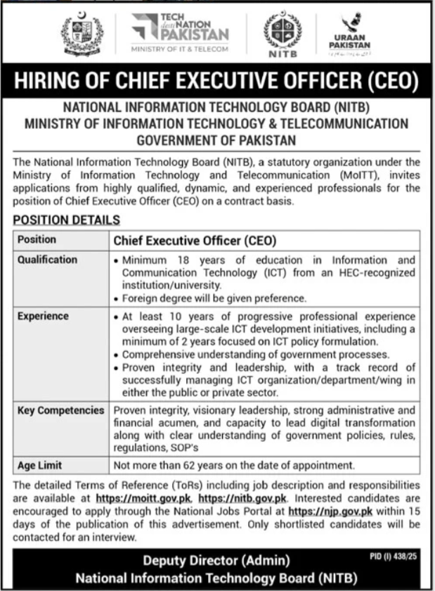 National Information Technology Board NITB Islamabad Job – Punjab Information Technology Board Jobs 2025 — original advertisement