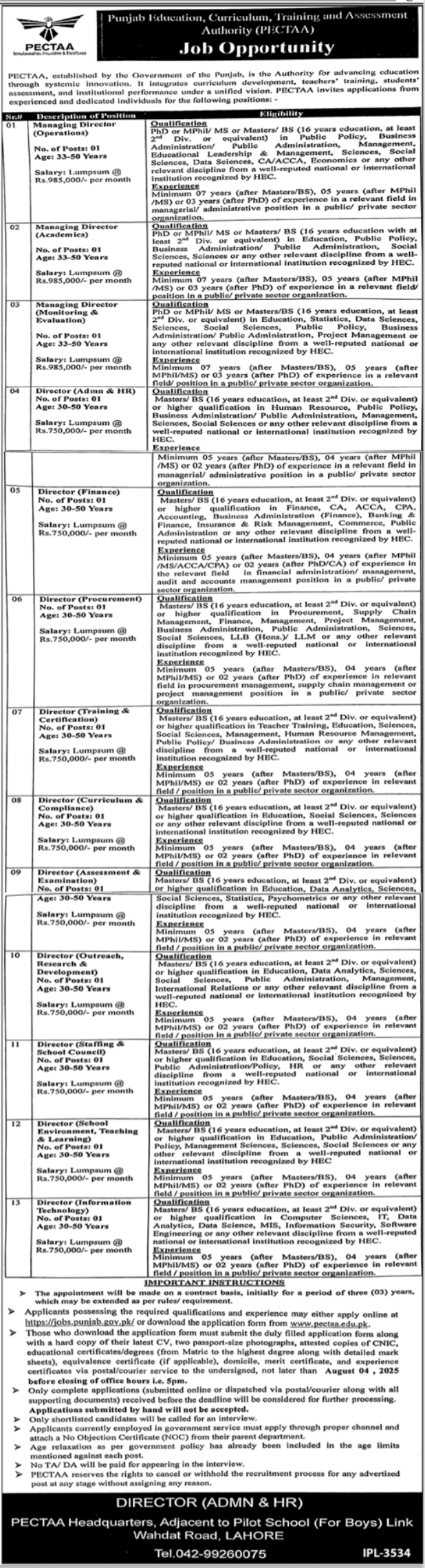 Punjab Education Curriculum Training & Assessment Jobs – Education School Department Punjab Jobs 2025 — original advertisement