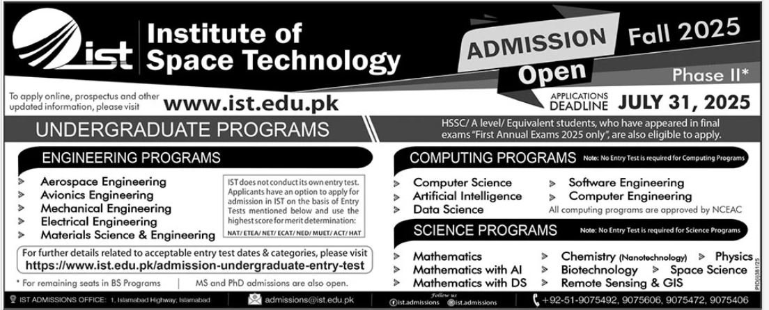 Admission Open in Institute of Space Technology 2025 – Institute of Space Technology ITS Islamabad Admissions 2025 — original advertisement