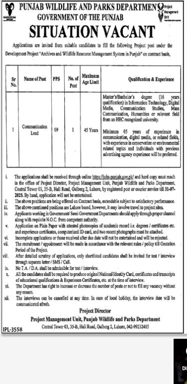 Punjab Wildlife And Parks Department Jobs 2025 – Forest Wildlife & Fishries Department Punjab Jobs 2025 — original advertisement