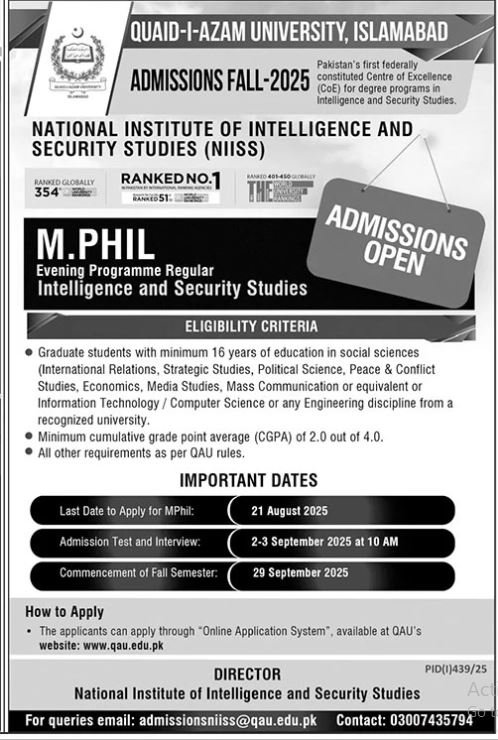 Admission Open in Quaid I Azam University Islamabad 2025 – Quaid-i-Azam University, Islamabad , Pakistan Admissions 2025 — original advertisement