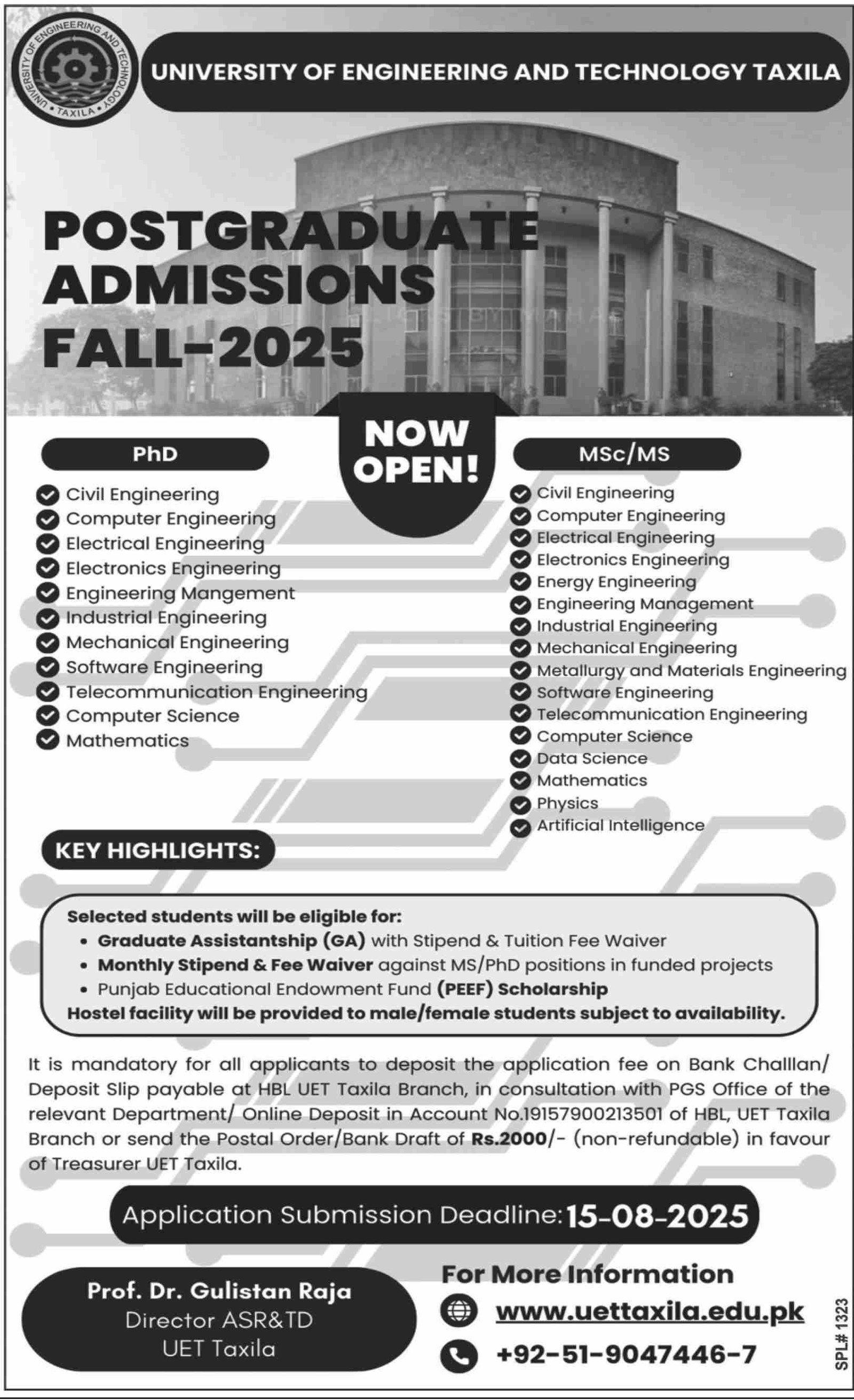 Admission Open in University of Engineering And Technolgy – University of Engineering and Technology Taxila Admissions 2025 — original advertisement
