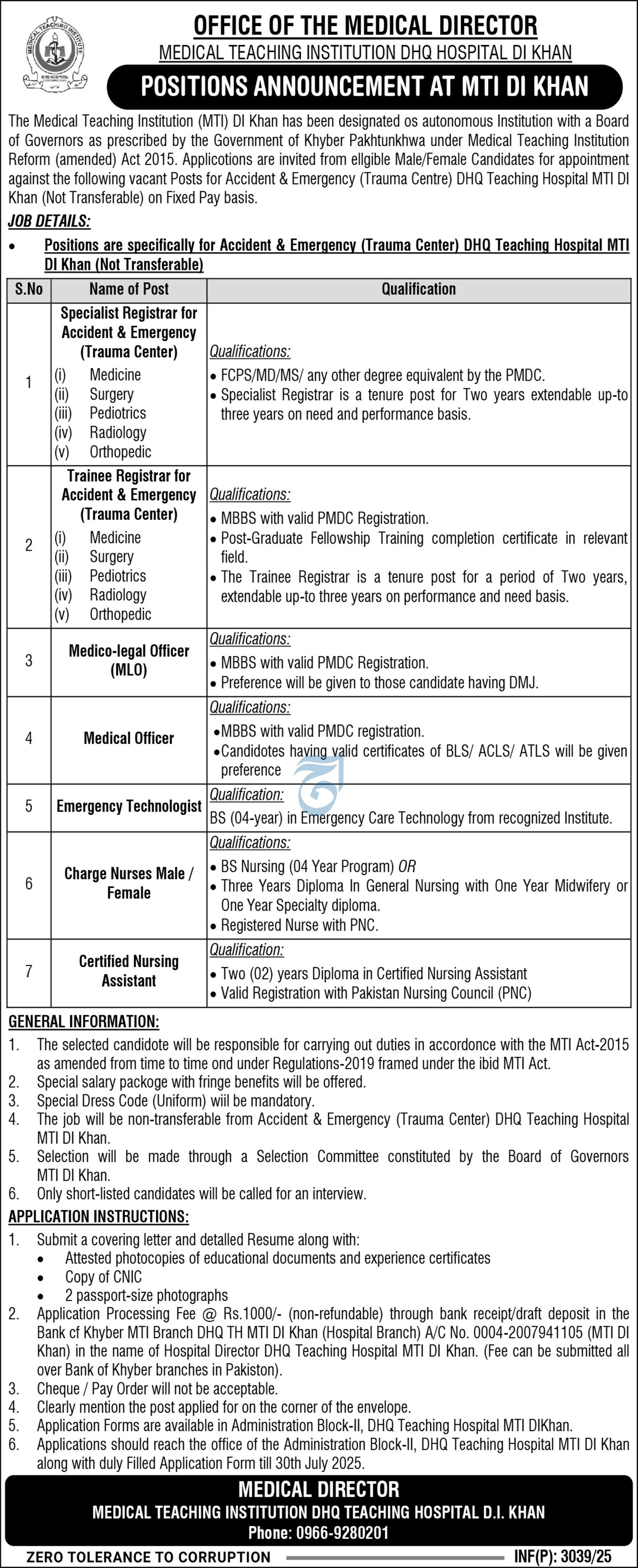The Medical Teaching Institution (MTI) DI Khan Jobs 2025 – Medical Teaching Institute MTI Khyber Teaching Hospital Peshawar Kpk Jobs 2025 — original advertisement