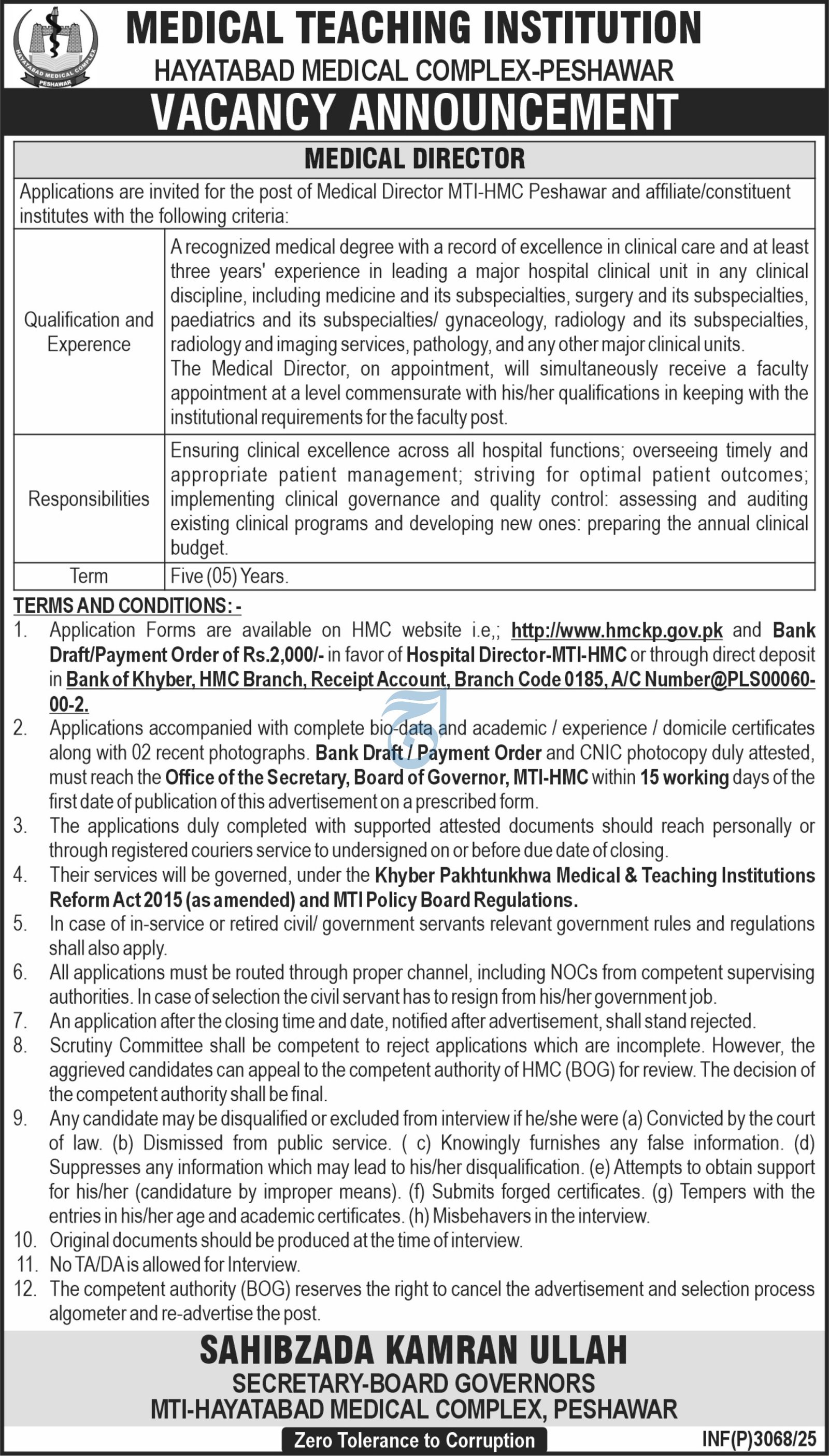 Medical Director MTI HMC Peshawar Jobs 2025 – Medical Teaching Institute MTI Khyber Teaching Hospital Peshawar Kpk Jobs 2025 — original advertisement