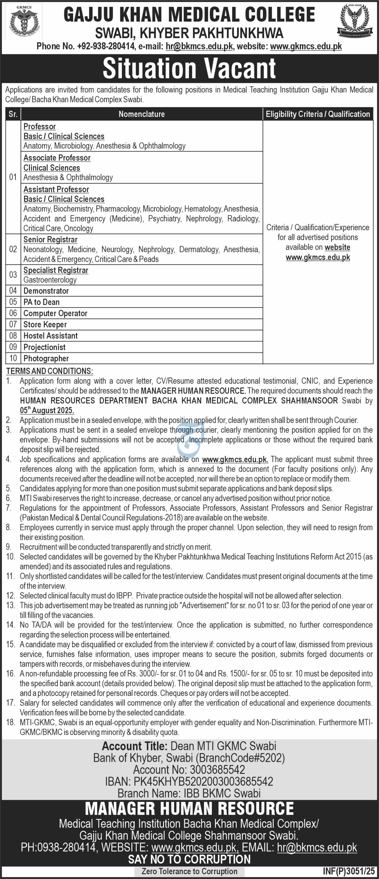 Gajju Khan Medical College/Bacha Khan Medical Complex Jobs – Bacha Khan Medical College Mardan Jobs 2025 — original advertisement