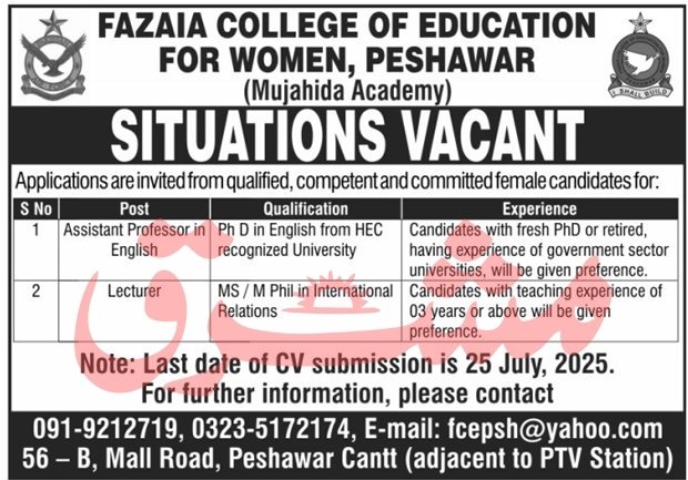 Fazaia College Of Education Peshawar Cantt Jobs 2025 – Fazaia Schools & Colleges Jobs 2025 — original advertisement