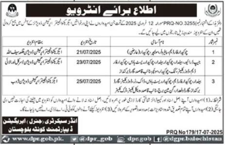 Irrigation Department Quetta Jobs Interview 2025 – Irrigation Department Balochsitan Jobs 2025 — original advertisement