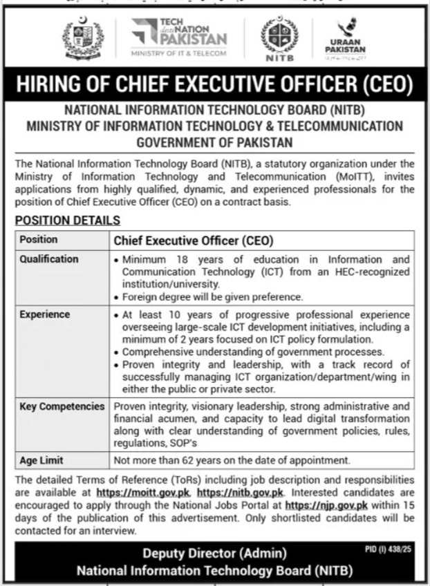 National Information Technology Board NITB Job Notice 2025 – Pakistan Software Export Board Jobs 2025 — original advertisement