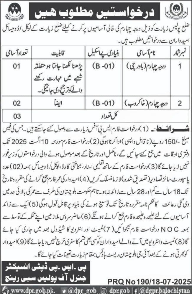 Balochistan Police Ziarat Jobs 2025 – Balochistan Police Department Jobs 2025 — original advertisement