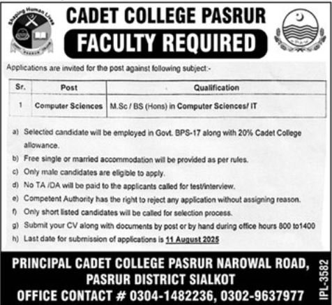 Cadet College Pasrur Punjab Jobs 2025 Jobs 2025 — original advertisement