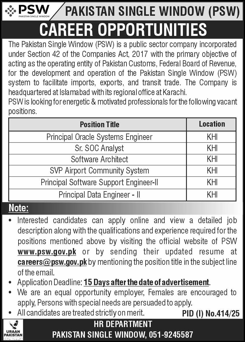 Pakistan Single Window PSW Jobs 2025 Jobs 2025 — original advertisement