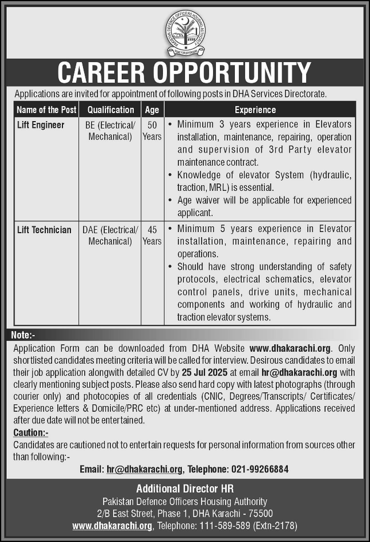 Defence Housing Authority DHA Karachi Jobs 2025 Jobs 2025 — original advertisement