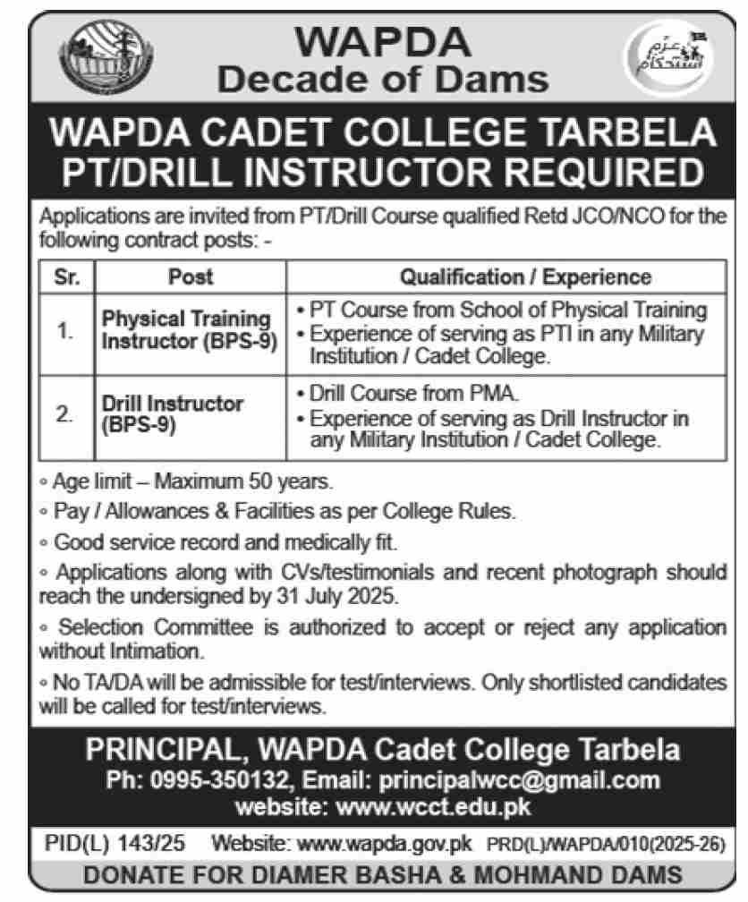 Wapda Cadet College Tarbela Jobs 2025 Jobs 2025 — original advertisement
