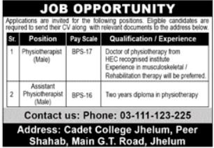 Cadet College Jhelum Physiontherapist Jobs 2025 – Cadet College Jhelum Punjab Jobs 2025 — original advertisement